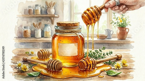 Watercolor illustration of a honey jar with a wooden dipper