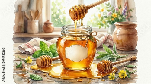 Watercolor painting of honey jar and wooden dippers