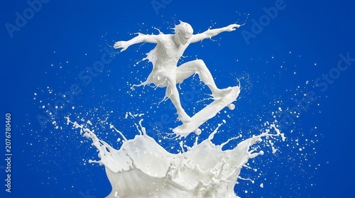 Dynamic milk splash sculpture of a skateboarder
