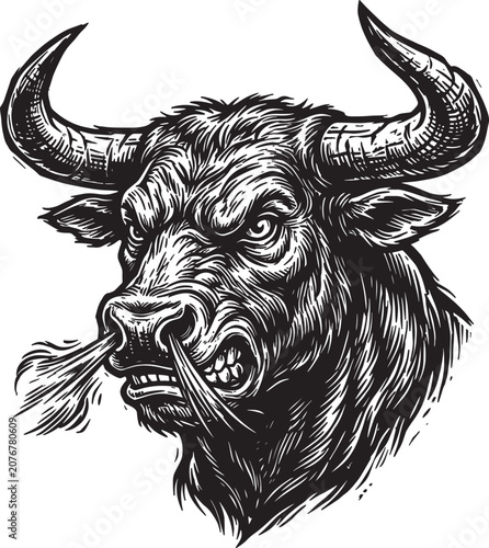 Quadro su tela Angry bull head profile drawing with sharp horns and snorting nostrils in vintage woodcut engraving style for powerful livestock branding designs