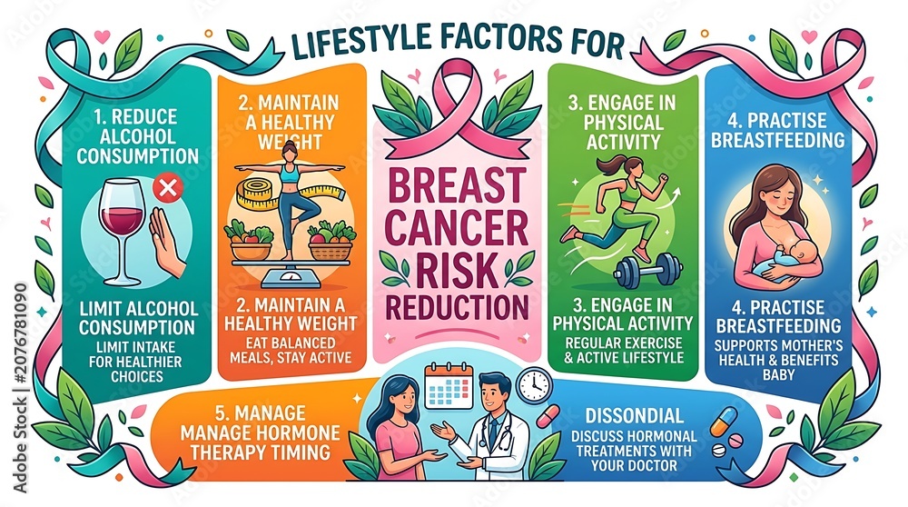 Naklejka premium Lifestyle factors for breast cancer risk reduction infographic