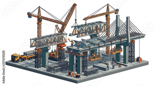 Foto Modern Construction Site with Cranes and Steel Framework.