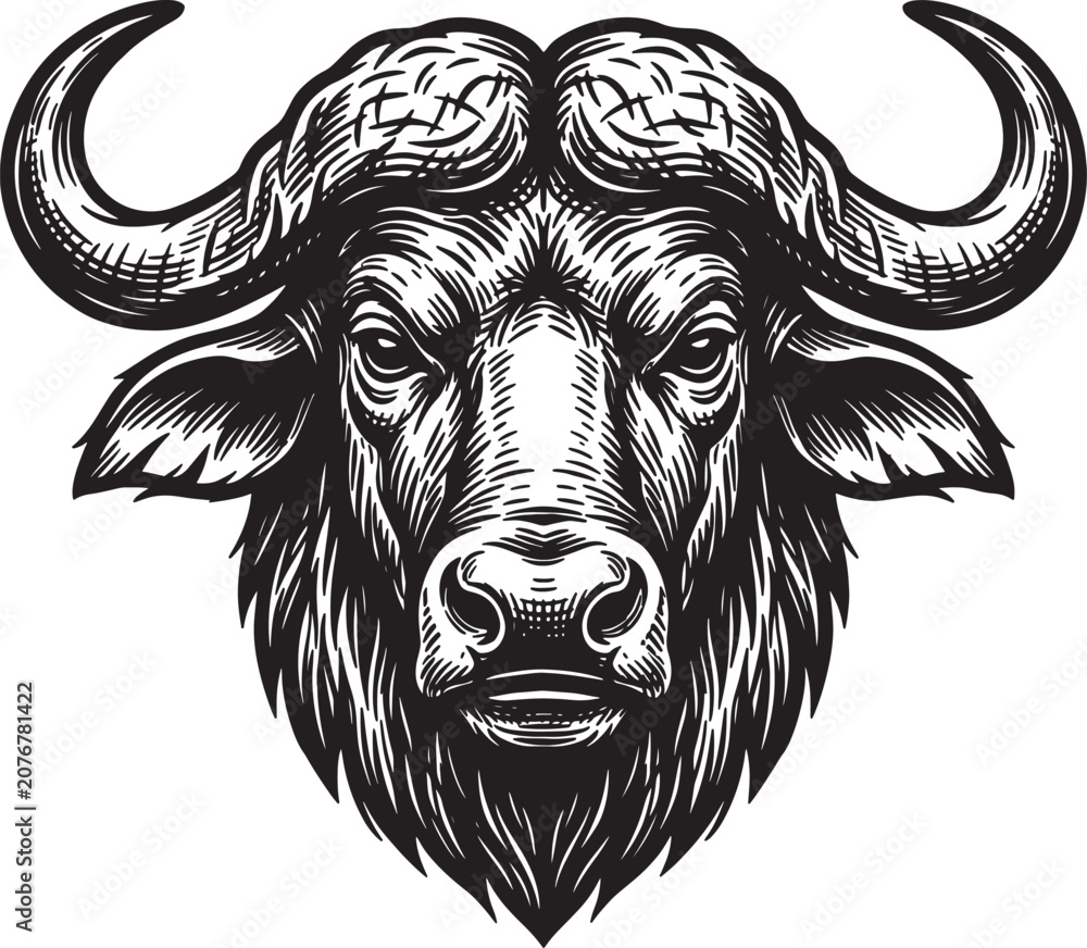 Fototapeta premium Black and white portrait head of african buffalo isolated on transparent background wild animal illustration for graphic design in vintage ink art.