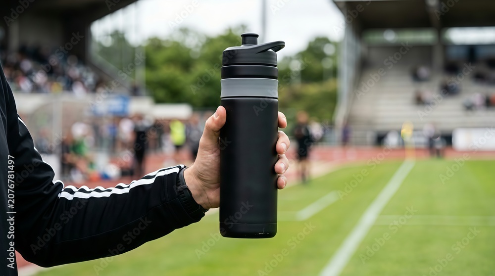 Naklejka premium Person holding a black reusable water bottle at a sports stadium
