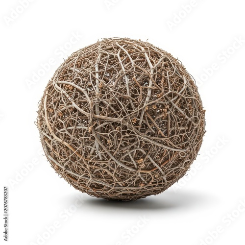 Dry, spherical desert tumbleweed rolling isolated against a stark, pure white background, symbolizing desolation and freedom, freedom, texture, plant