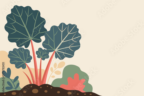 Flat illustration of broad green leaves with bright pink stems growing in the soil, colorful graphic artwork, nature concept