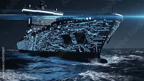 Futuristic cargo ship with digital circuit pattern at sea.