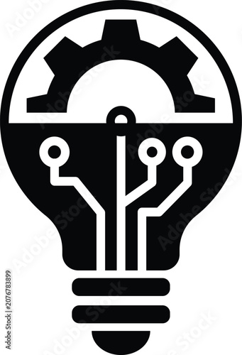 Innovation Technology Smart Light Bulb Icon With Gear And Circuit Elements For Digital Engineering And Automation Concepts