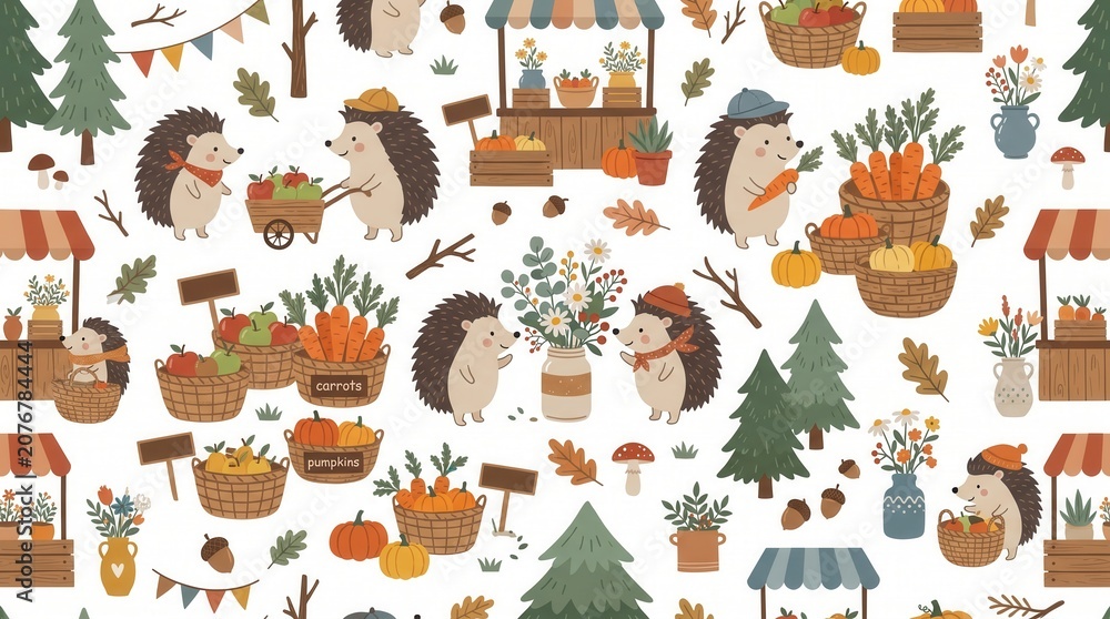 Fototapeta premium Cute hedgehogs gather fresh apples, carrots, and pumpkins at a busy outdoor autumn market