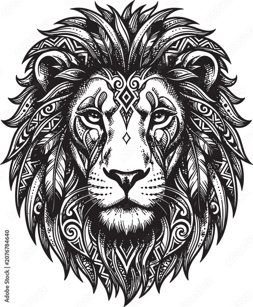 Obraz premium Stunning tribal lion head vector illustration with intricate geometric patterns and feathers for majestic mascot design or decorative wall art.
