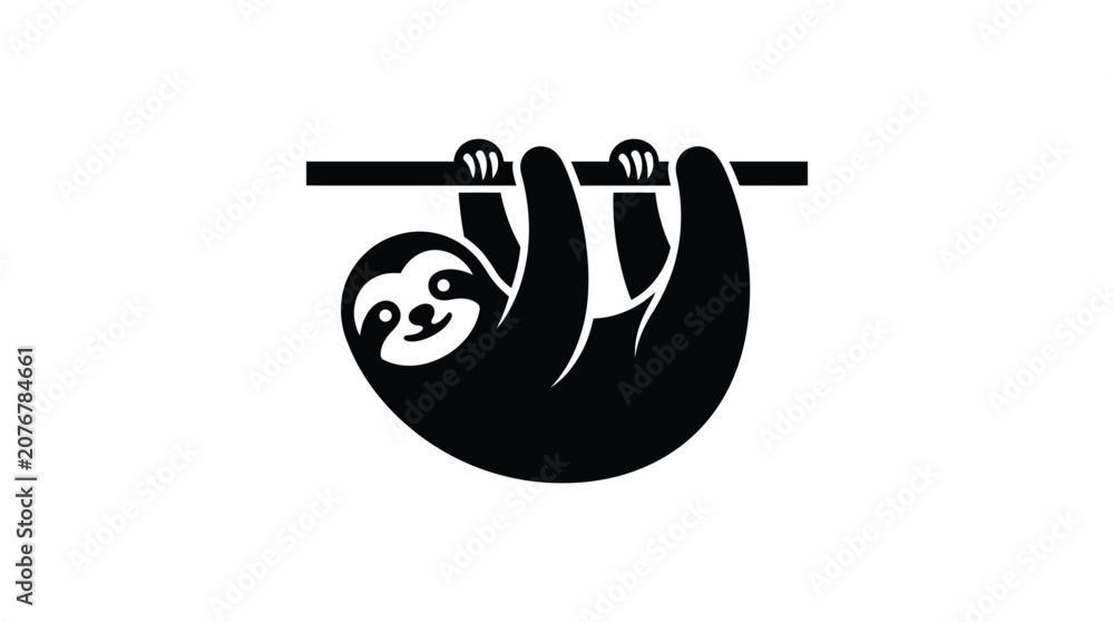 Fototapeta premium Minimalist vector illustration of a cute sloth hanging from a thin horizontal black branch element