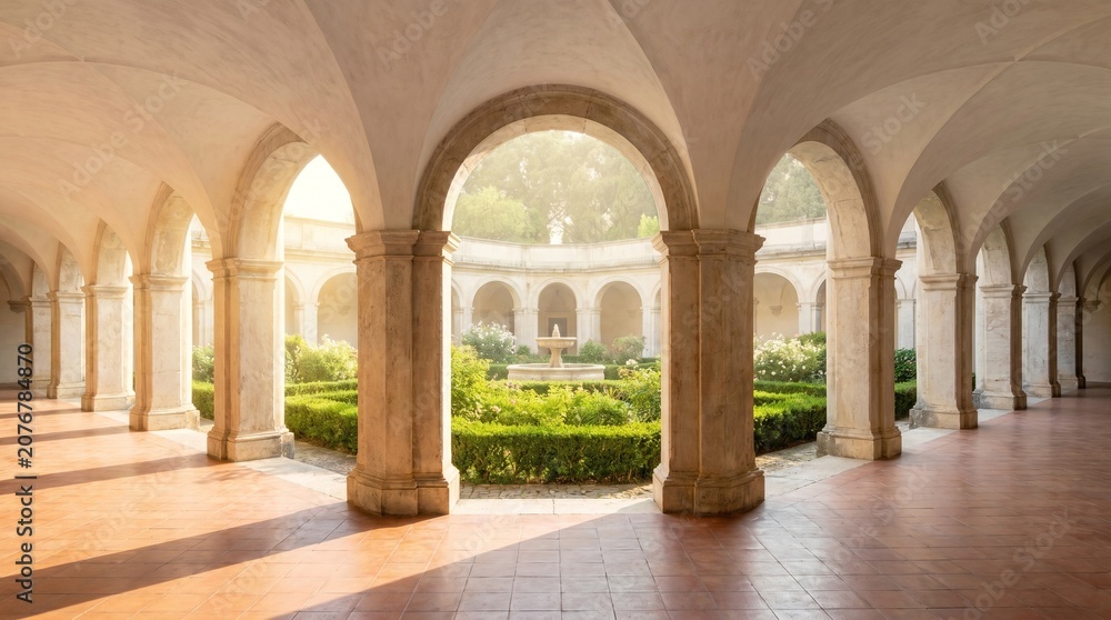Obraz premium Italian arched loggia, Repeating stone arcade, Garden courtyard view, Elegant hospitality architecture, Symmetrical horizontal background