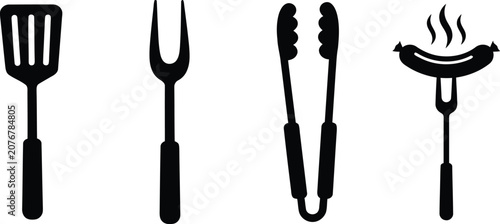 Black silhouette icons of barbecue utensils and grill tools