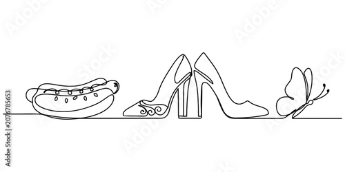 Obraz na płótnie Continuous line drawing of hot dog high heels and butterfly