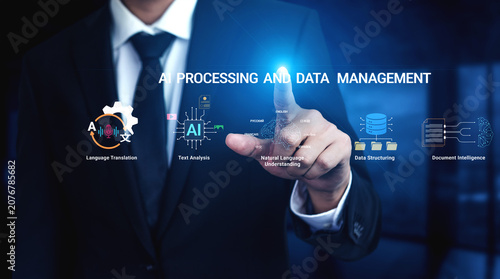 Schilderij op canvas Businessman Using Futuristic Technology for AI Processing and Data Management in Language Translation, Text Analysis, and Document Intelligence Solutions Haptic