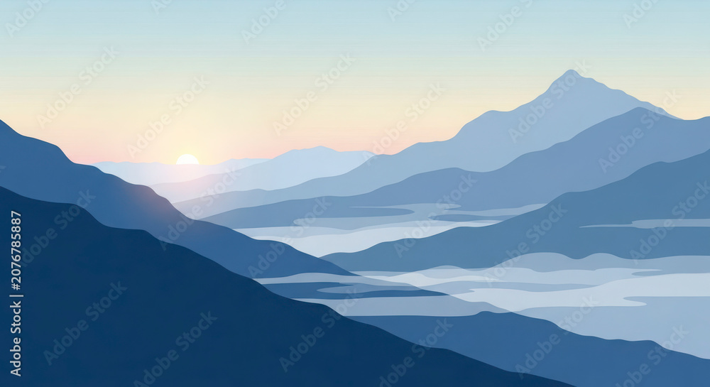 Fototapeta premium Serene Mountain Range at Sunrise with Misty Valleys