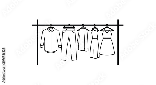 Fotografie Clothing rack with shirts pants and dresses black vector silhouette