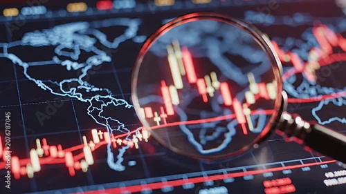 Magnifying glass inspecting financial stock market line graph.