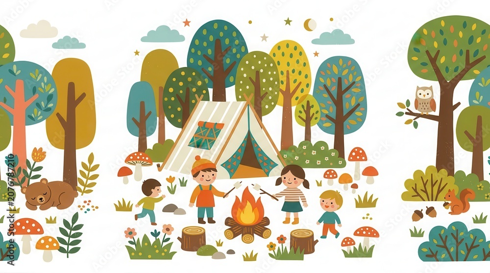 Fototapeta premium Forest night: 4 kids roast mallows by fire, tent nearby. Animals observe