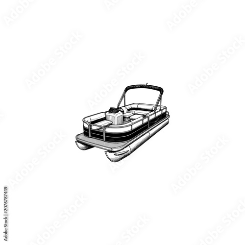 Photography Black and white ink illustration of a pontoon recreational boat with watercraft