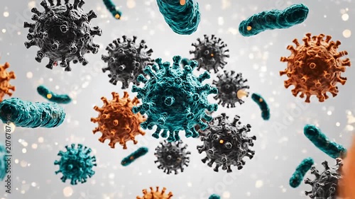Microscopic view of diverse colorful viral and bacterial strains