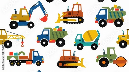 Various cartoon construction vehicles create a vibrant seamless background design for kids