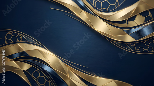 Luxury sports background with golden ribbons and football textures on dark blue surface for professional athletic tournament displays