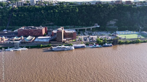 Aerial footage along the Monongahela river in Pittsburgh Pennsylvania USA