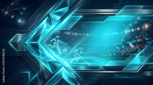 Dynamic football stadium background with glowing digital elements and abstract geometric shapes, capturing the energy of a professional sports event and futuristic competition