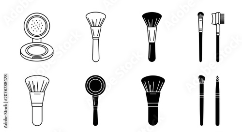 Schilderij op canvas Makeup brushes and compact mirror silhouette collection