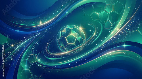Vibrant abstract sports background with a glowing faceted soccer ball, dynamic blue and green energy waves, and futuristic hexagonal patterns