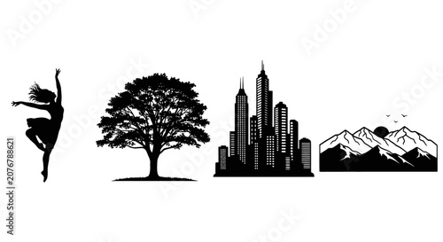 Bild auf Leinwand Dancer Tree Cityscape And Mountains Silhouette ballerina