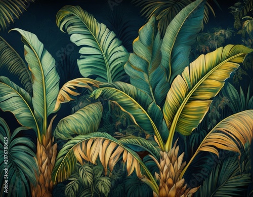 tropical plants banana trees wallpaper design dark bacground vintage wallpaper jungle background mural art
