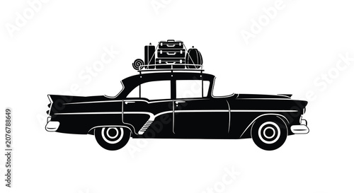 Canvastavla Vintage automobile with luggage rack black vector silhouette car vehicle
