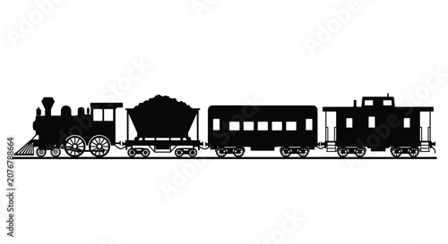Photos Black steam train silhouette with tender passenger car and caboose silhouette