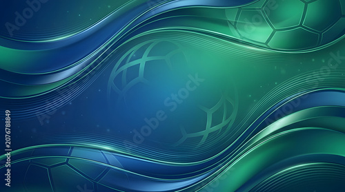 Modern abstract wavy background design in brilliant blue and green, subtly incorporating geometric patterns for a powerful international sports event theme