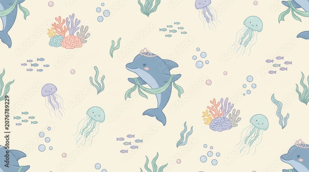 Fototapeta premium Sweet dolphin princesses swim with jellyfish and fish among colorful corals and seaweed