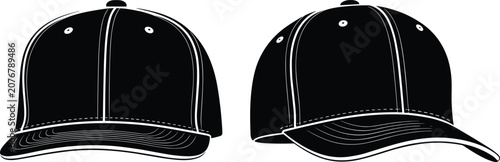 Photos Black-and-white vector illustration of two baseball caps with stitching details,