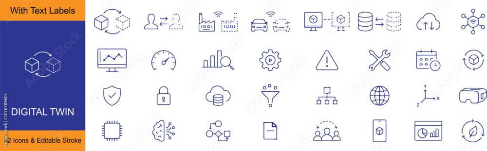 Obraz premium Digital Twin Vector Outline Icons Set – Industry 4.0, Smart Factory, IoT, AI and Digital Transformation Line Symbols Collection