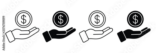 Fotografie Hand holding money icon collection, dollar coin payment and charity symbols for finance, fundraising and donation concepts