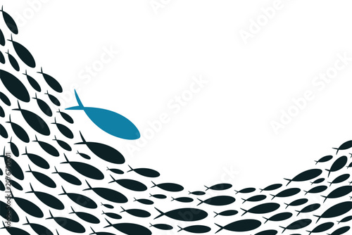 Flat illustration of a school of dark fish closely following one bright blue leader, minimalist graphic art style, nature concept