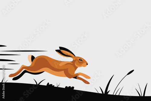 Flat illustration of a fast brown hare running rapidly across the completely dark ground, animal concept