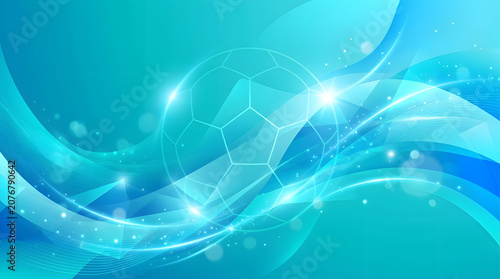 Dynamic soccer sports celebration background with glowing blue light trails and abstract wave motion
