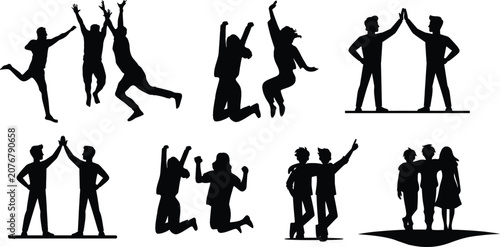 Black silhouettes of people celebrating and interacting. International friendship day concept illustration bundle.