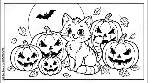 Cute cat sitting with jack o lantern pumpkins and a bat for a fun halloween coloring page for kids