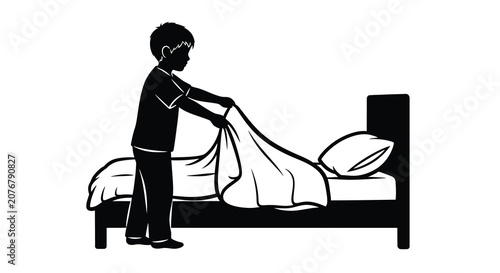 Fotografía Boy Making Bed With Sheets And Pillows Black Silhouette child