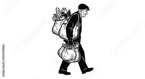 Fotografie Man Carrying Groceries In Bags Black And White Vector Silhouette