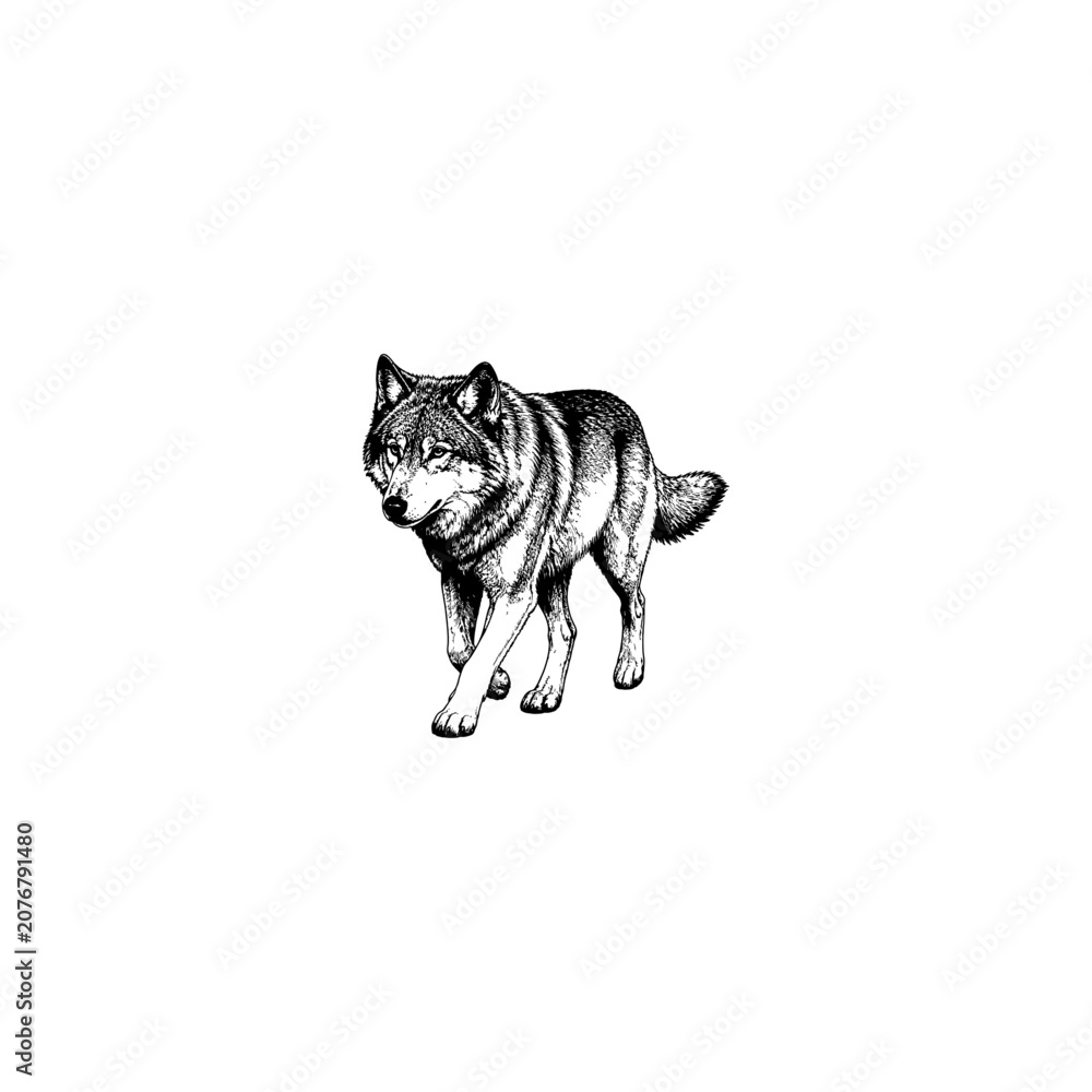 Fototapeta premium Detailed pencil sketch drawing of a walking wolf with predator wildlife illustration creature monochrome isolated detailed realistic carnivore