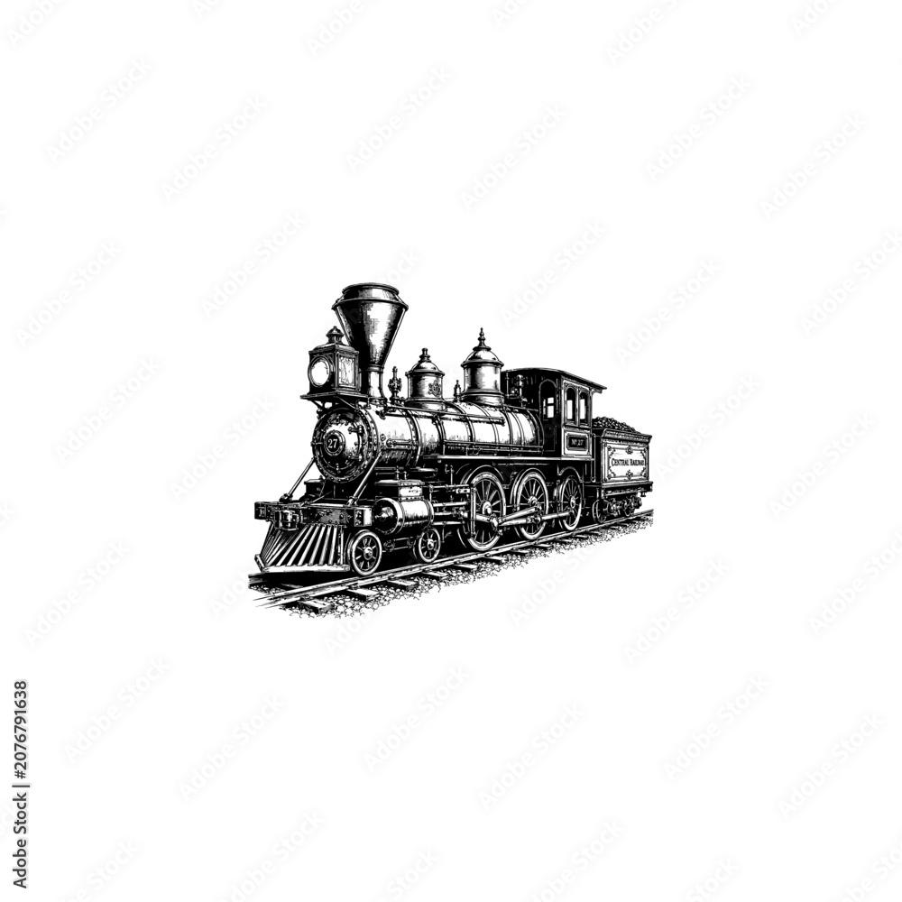 Naklejka premium Vintage steam locomotive train side view etching illustration with locomotive transport transportation engraving illustration monochrome