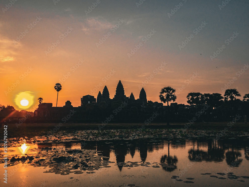 Fototapeta premium Angkor Wat temple silhouette at sunrise in Siem Reap Cambodia